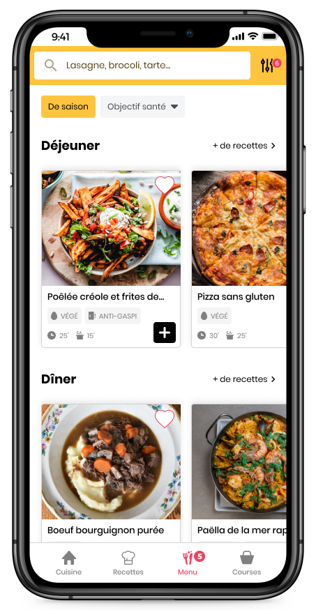 Espace recettes sur l'appli GoodSesame