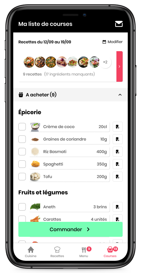 Liste de courses de l'appli GoodSesame